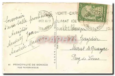 Pejzaż panoramiczny Monte-Carlo — Kraj Monaco — wyd. André, nr 61 — Rewers