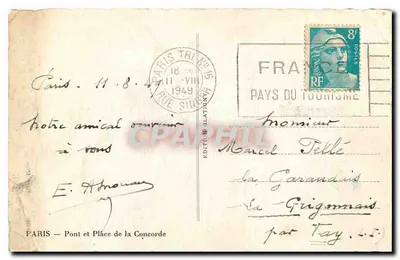 Paris — Ponte e Praça da Concorde — Edição Glatigny — Verso