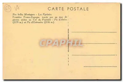 Pyrénées — granica Francji i Hiszpanii w Col du Pourtalet — wydawca Heliochrom L'ombrier Macón — Rewers