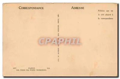 Um canto do Parc Monceau — Paris — editor LL, n° 317 — Verso