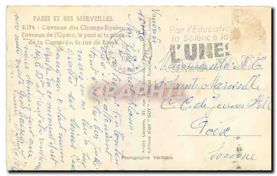 Paris e suas maravilhas — A avenida dos Champs-Élysées, o ponte da Concorde e a praça da Concorde — Éditions Véritable, n° 3.174 — Verso