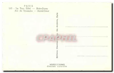 Stara pocztówka Paryż Wieża Eiffla Katedra Notre-Dame Arc de Triomphe Sacré-Cœur — Rewers