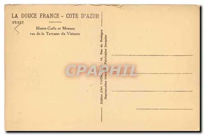 Monte-Carlo i Monako — widoki z Tarasy Vistaeéro — Wydawnictwo Sztuki YVON, Paryż — Rewers