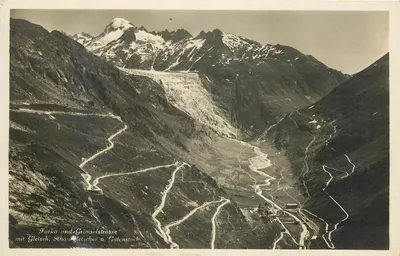 Furka und Grimselstrasse — com Gletsch, Rhonegletscher e Galenstock — Kunstverlag E. Goets, Lusern