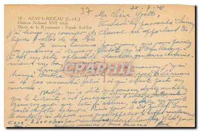 Castelo de Azay-le-Rideau — fachada sudeste — editor não identificado, n° de série 37 — Verso