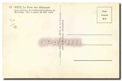Metz, A Porta dos Alemães — belo exemplar da arquitetura militar da Idade Média, editor METZ, n°13 — Verso