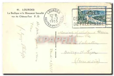 Lourdes — Widok na bazylikę i monument interallię z zamku-fortu — wydawnictwo P. Doucet — Rewers