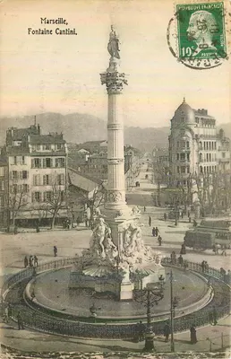 Marselha, Fontaine Cantini — vista da fonte monumental com coluna e estátuas — editor não visível