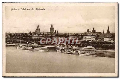 Mainz - Total von der Rheinseite — vue panoramique de la ville depuis la rive du Rhin — éditeur Stengel & Co., Prague