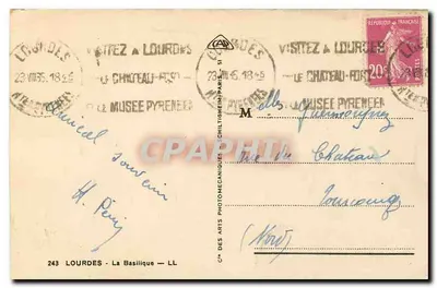 Lourdes — Bazylika — wydawca Cie des Arts Photomécaniques, nr 243 — Rewers
