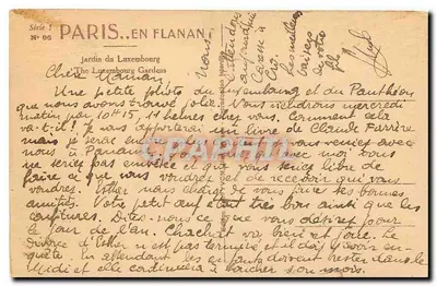 Tuin van het Luxembourg — beeld in het midden van een bosjes met bomen — uitgever 'Paris. En Flanant' n°96 — Achterkant