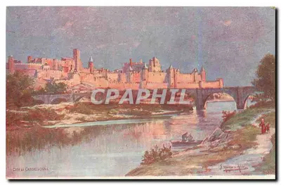 Cidade de Carcassonne — vista do castelo e do ponte — J. Vignau & A. Léon