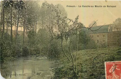 Bilhete postal antigo Frevent La Canche ao Moulin de Rollepot