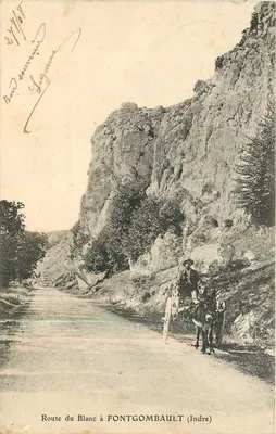 Rodovia do Blanc em FONTGOMBAULT (Indre) — paisagem rochosa com carruagem de boi — editor não identificado