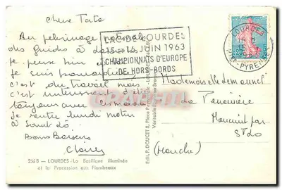 Lourdes — A Basílica iluminada e a Procissão com Velas — Editor P. Doucet, n° 256B — Verso