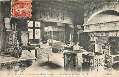Bilhete postal antigo Le Mans Casa da Rainha Berengária Quarto de dormir