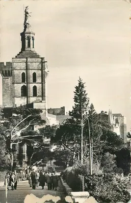 Bilhete postal antigo Catedral Nossa Senhora dos Dançarinos de Avignon vista dos Jardins