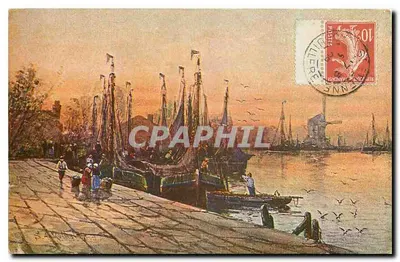 Porto de pesca ao entardecer — vista colorida — editor anônimo