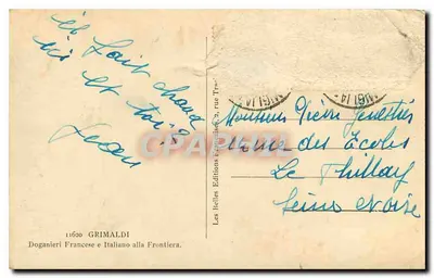 Dwaj żołnierze przy granicy francusko-italiańskiej — granica 1861 — wydawca Les Belles Éditions Grimaldi — Rewers