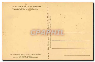 Mont-Saint-Michel — Ogólny widok na Mont — Przyjazd — Wydawnictwo Sztuki YVON-Age, Paryż — Rewers