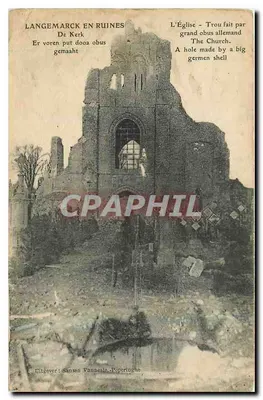 Langemarck em ruínas — Igreja destruída por um obus alemão — editor Sansen Vanneeste, Poperinghe