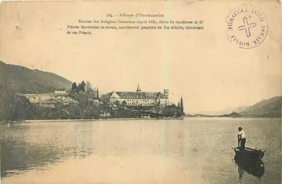 Abadía de Hautecombe — abadía cisterciense fundada en 1125, que alberga las tumbas de 27 príncipes soberanos de Saboya, actualmente propiedad del Rey de Italia — editor L. Reynaud, París, n° 764