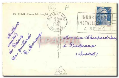 Place de la République w Reims — widok z fontanną i katedrą — wydane przez PoL — Rewers
