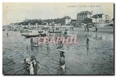 Bilhete postal antigo Arcachon A Praia com Maré Alta