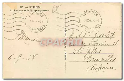 Lourdes — La Basilica e la Vergine coronata — Edizione P. Doucet, Lourdes — Verso