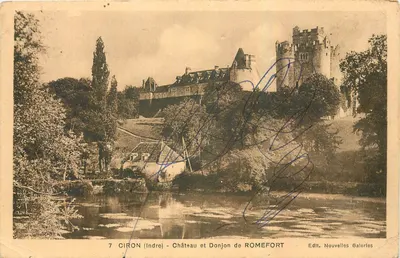 Bilhete postal antigo Ciron Indre Castelo e Torre de Romefort
