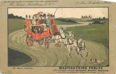 Bilhete postal antigo O Coche Mastigatório Le Mail Ferlys Caleche Cavalos