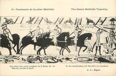 Tapeçaria da rainha Matilde — cena dos irmãos de Haroldo caindo — A. L., Bayeux