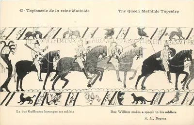 Tapeçaria da rainha Matilde — cena do duque Guillaume discursando aos seus soldados — A. L., Bayeux