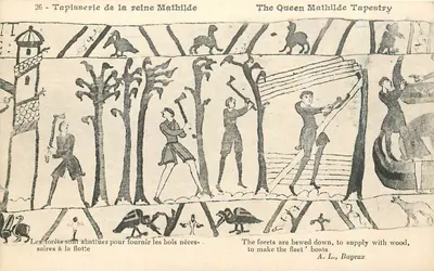 Tapete da rainha Matilde — cena de desmatamento para a frota — A. L., Bayeux