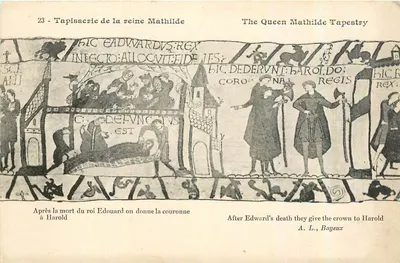 Tapeçaria da rainha Matilde — cena da morte de Eduardo e coroação de Haroldo — A. L., Bayeux