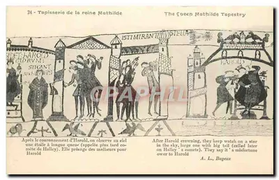 Tapeçaria da rainha Matilde — cena do coroamento de Harold e da observação de uma cometa — A. L., Bayeux