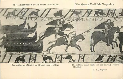 Tapeçaria da rainha Matilde — cena dos soldados se apressando para Hastings — A. L., Bayeux