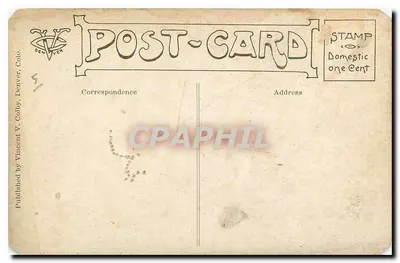 Gato e filhote de cão na grama — Copyright 1910 — Publicado por Vincent V. Colby, Denver, Colo. — Verso