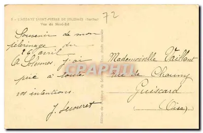 Abbatia św. Piotra w Solesmes (Sarthe) — Widok z Północy — Wydawnictwo Abbatii Solesmes, nr 72 — Rewers