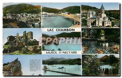 Lago Chambon — Murol-Saint-Nectaire — vista geral, castelo, cascata, igreja — Réal-Photo