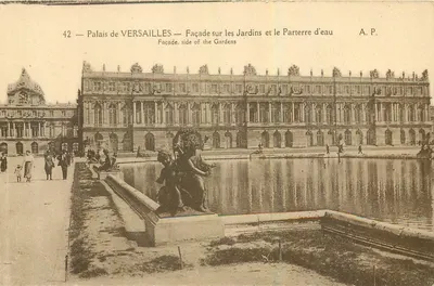 Bilhete postal antigo Palácio de Versalhes Fachada sobre os Jardins e o Parterre d'água
