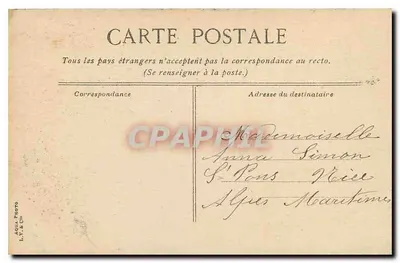 Nîmes, Porta Augusty — widok ruin rzymskich z katedrą na tle — wydawca L. P. & Cie, nr 12 — Rewers