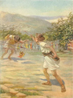 David e Golias — cena de combate — Librairie Chrétienne G. J. Hangeveld, Gand, Bélgica