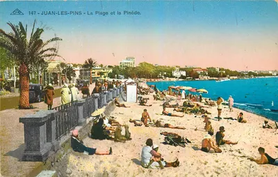Juan-les-Pins - A Praia e a Pineta — Bilhete postal antigo n°147, editor Montecarlo