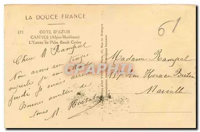 Cannes — Wejście do kasyna Palm Beach — La Douce France, nr 371 — Rewers