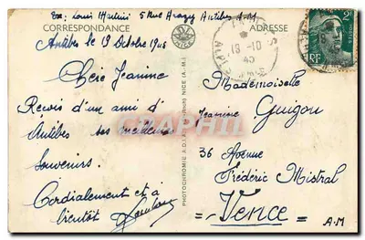 Antibes — O Forte Carré e a cadeia dos Alpes — Aldina — Verso