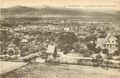 Mulhouse — Vista geral e Panorama dos Vosges — Editor Ch. Bergeret, Estrasburgo