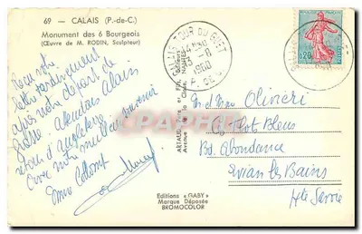 Bilhete postal moderno Calais P de C Monument des 6 Bourgeois — Verso