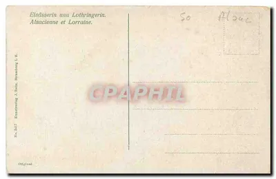 Dwie kobiety w strojach tradycyjnych — Alsaski i Lotaryński — wydawca Kunstverlag J. Bäler, Strasburg, nr 5417 — Rewers