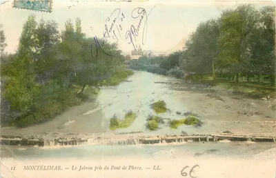 Bilhete postal antigo Montelimar A vista do Jabron do Pont de Pierre